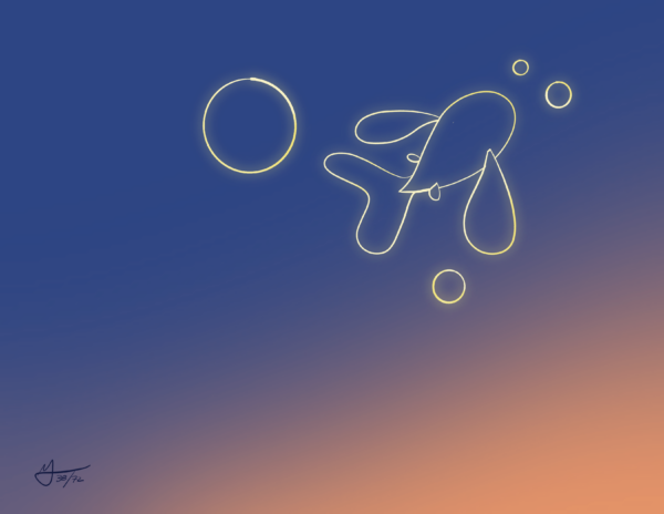 A line drawing of a yellow fish surrounded by three circles of different sizes is in the top right. The background is a gradient from deep blue to orange.