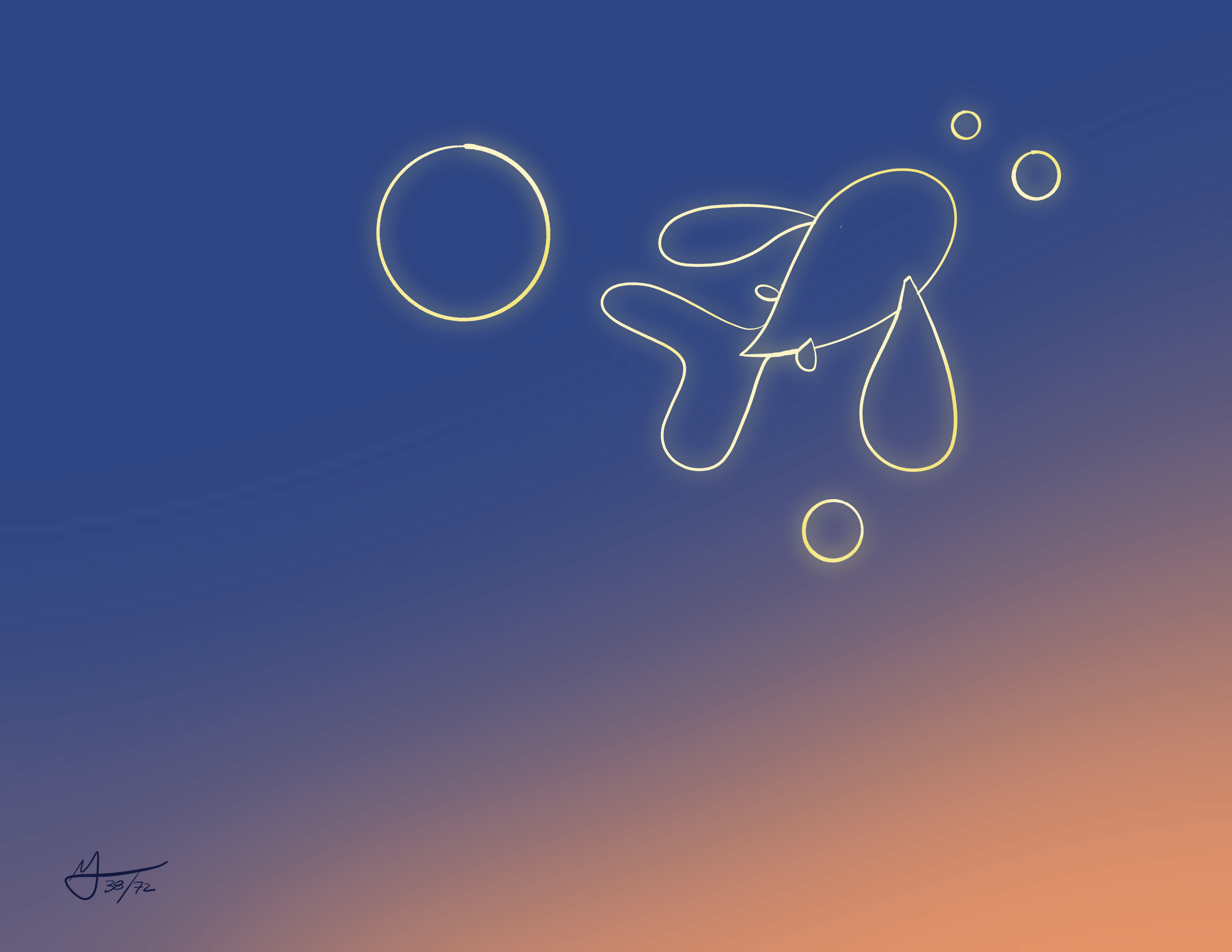 A line drawing of a yellow fish surrounded by three circles of different sizes is in the top right. The background is a gradient from deep blue to orange.