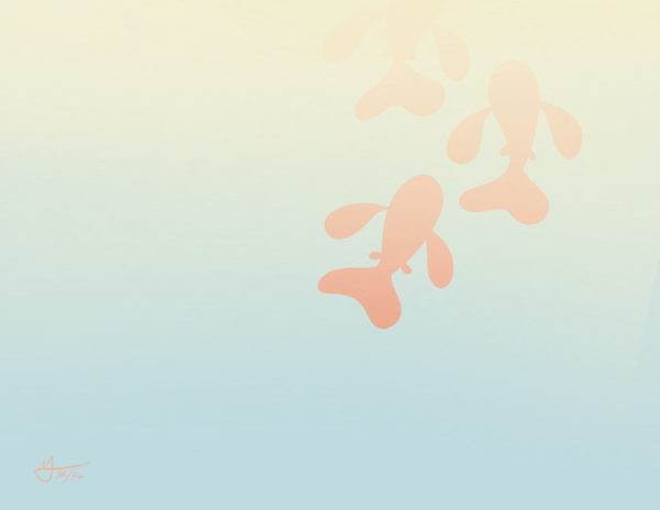 Three orange koi swim up towards the top of a drawing. They are swimming in to a light yellow gradient.