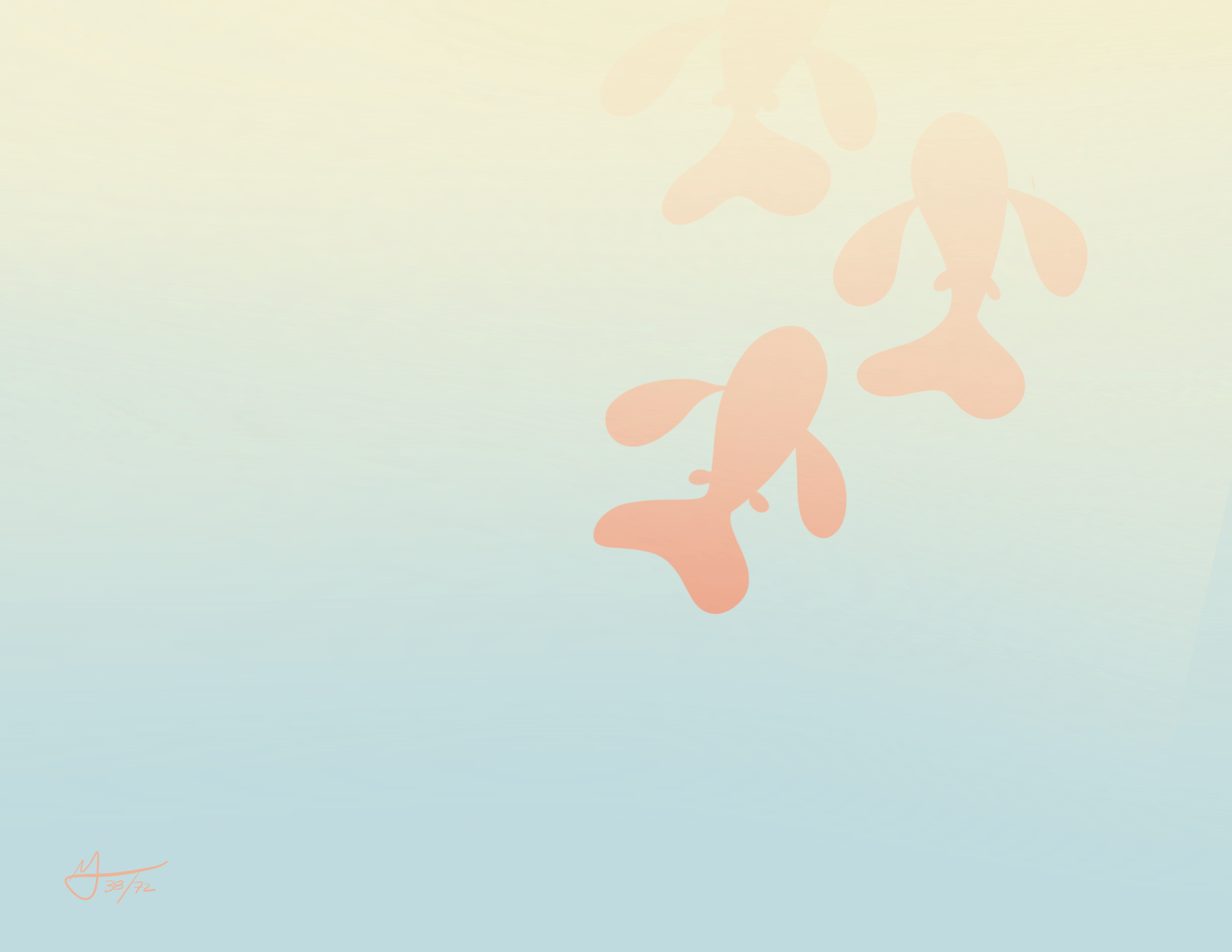 Three orange koi swim up towards the top of a drawing. They are swimming in to a light yellow gradient.
