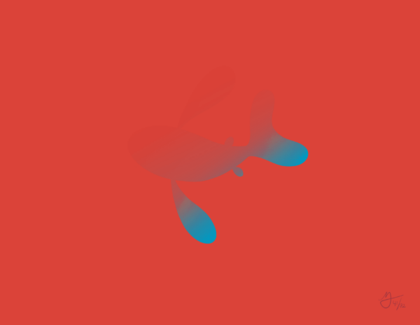 A blue fish is barely visible as it fades to a red matching the background. The fish is in the center swimming from right to left.