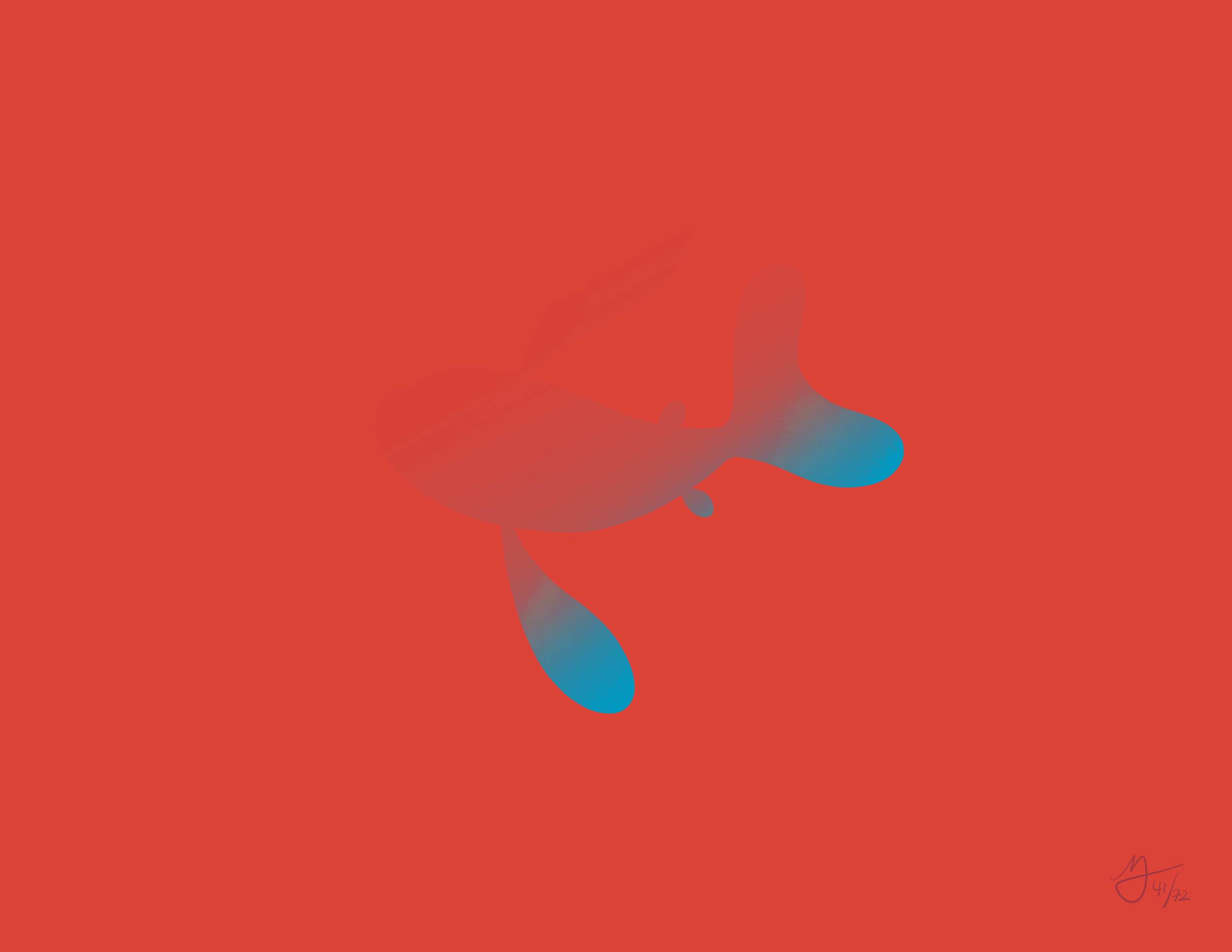 A blue fish is barely visible as it fades to a red matching the background. The fish is in the center swimming from right to left.