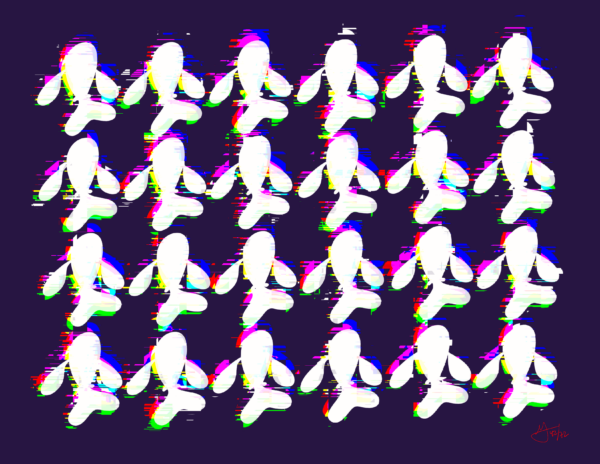 24 white koi in four rows of six. They have a glitch effect applied to them. The background is deep purple.