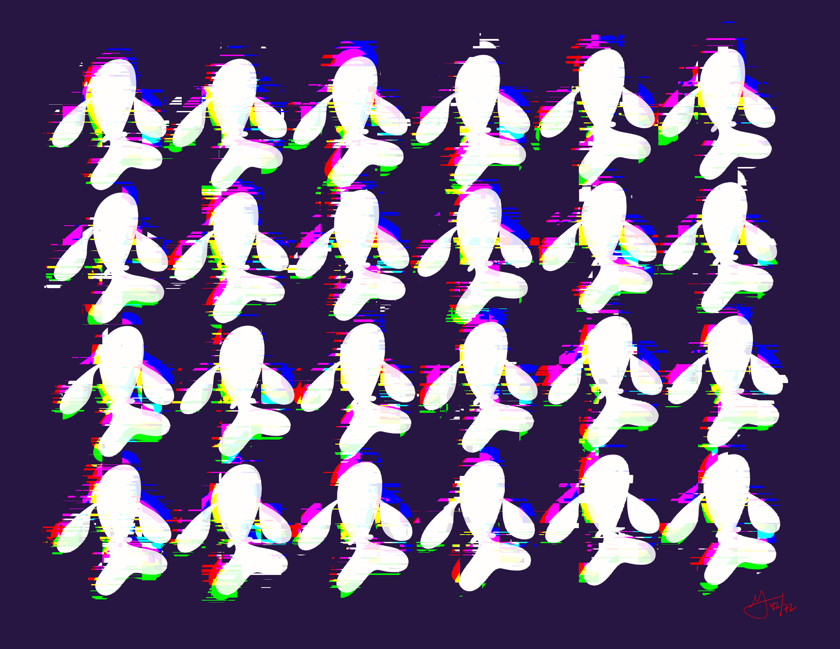 24 white koi in four rows of six. They have a glitch effect applied to them. The background is deep purple.