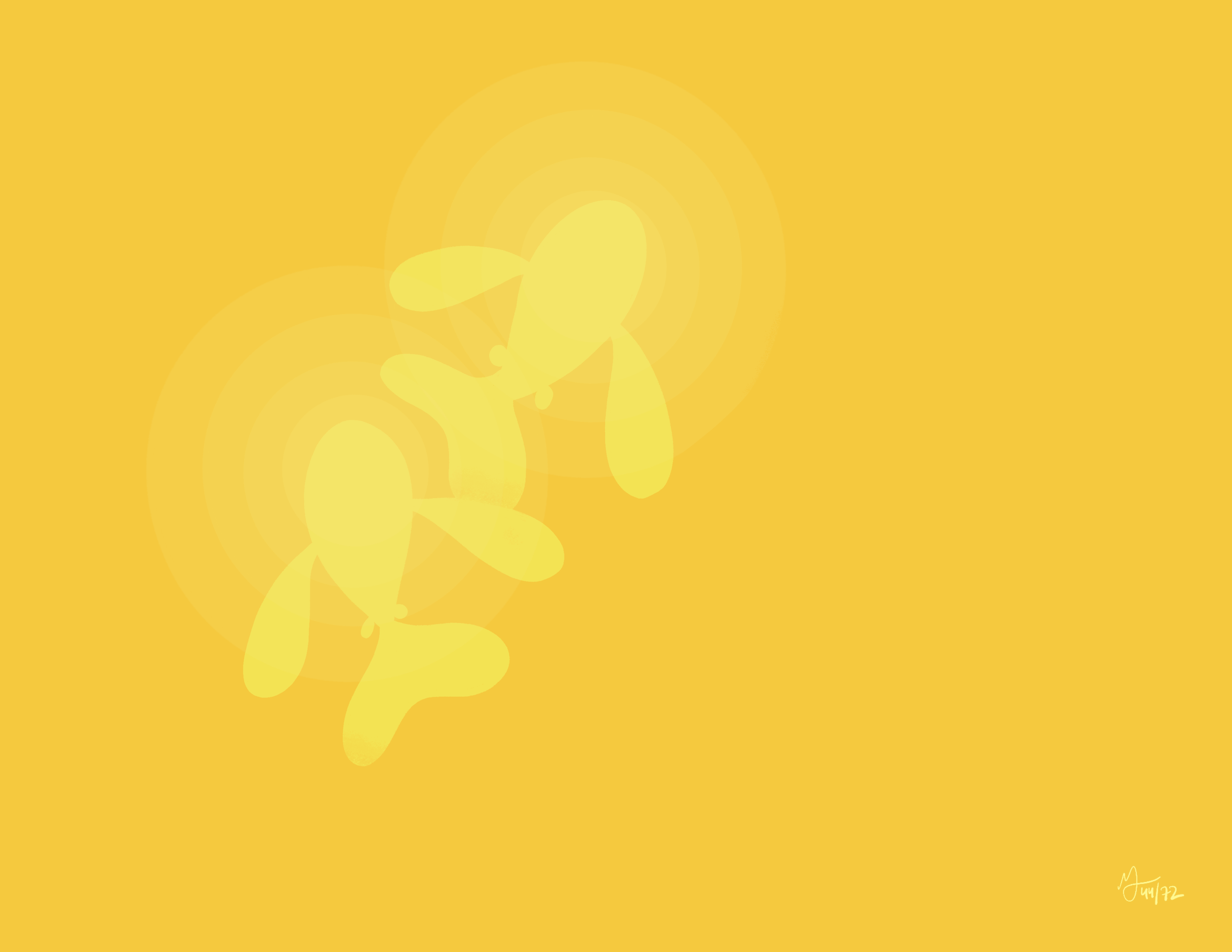 Two yellow fish swim towards the top. A soft yellow glow comes from their heads. The background is orange.