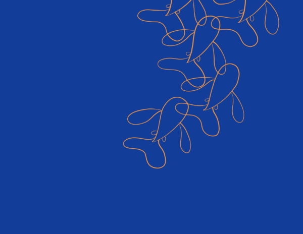 A school of orange fish - drawn as outlines - swim from the center to the top right. The background is an intense blue.