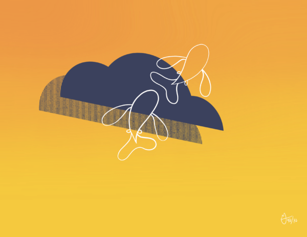 The outline of two white fish swim in front of a purple cloud. Behind the cloud is the same shape, but made of vertical lines. The background is a orange to yellow gradient.