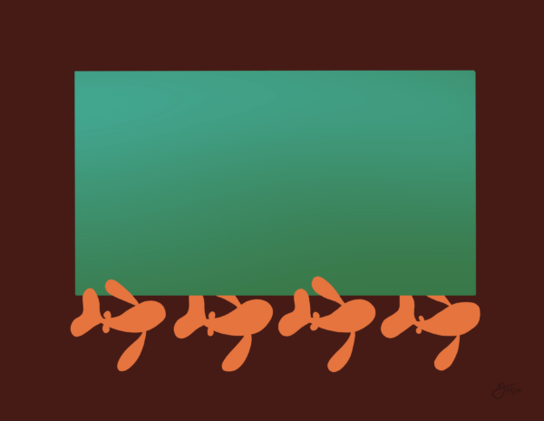 Four orange fish swim in a line from left to right. They are a below box that is a deep teal gradient. The background is a deep red-brown.