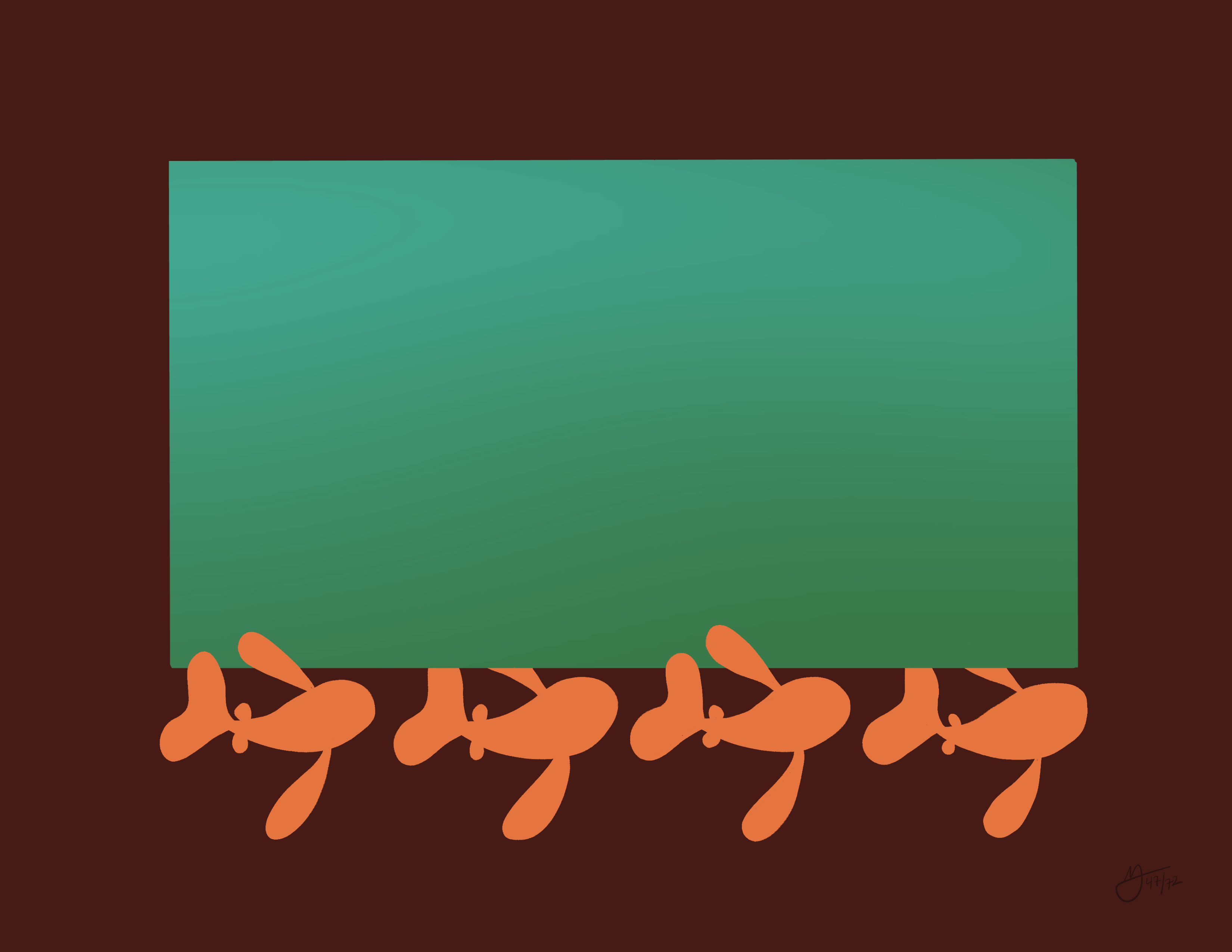Four orange fish swim in a line from left to right. They are a below box that is a deep teal gradient. The background is a deep red-brown.