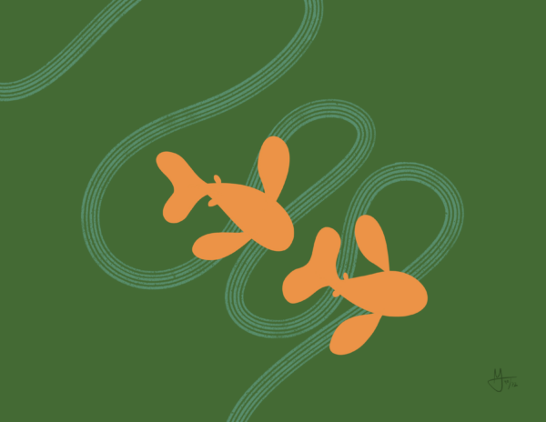 Two orange fish swim towards the bottom right corner. Wavy white lines are behind them, following their path. The background is green.