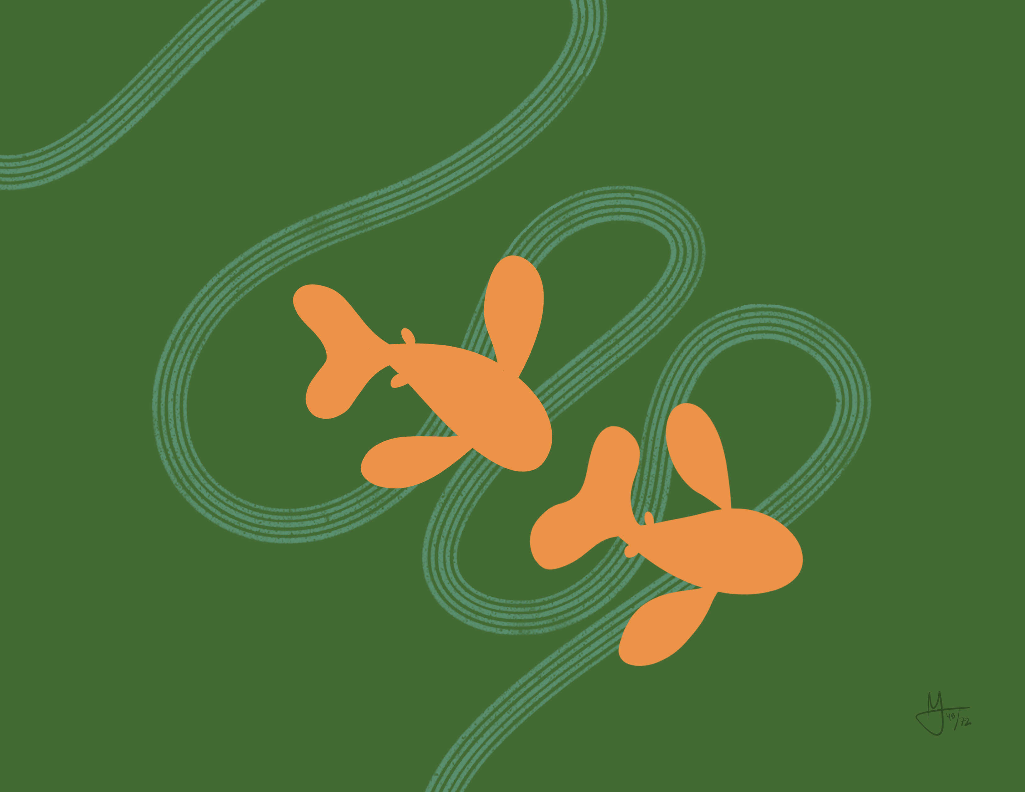 Two orange fish swim towards the bottom right corner. Wavy white lines are behind them, following their path. The background is green.