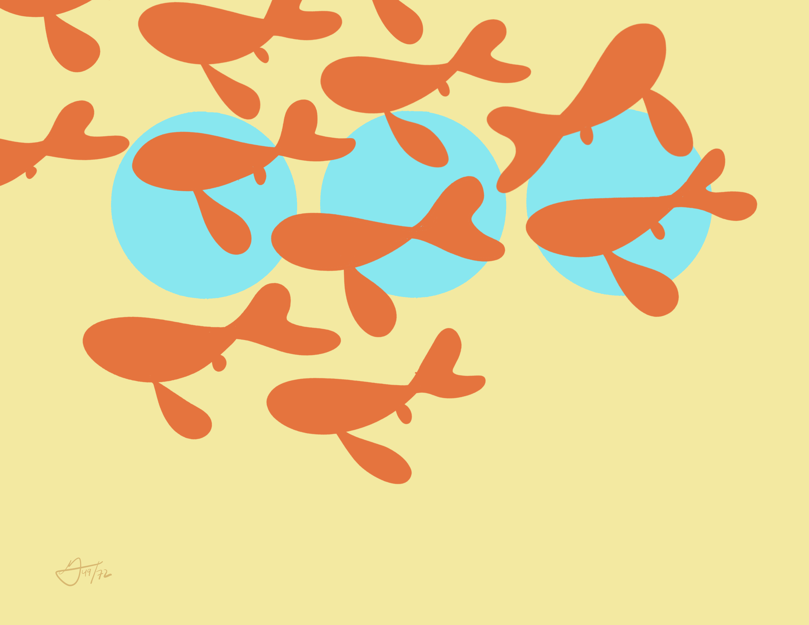 A group of orange fish swim from right to left. one at the end of the group is swimming the other way. Three blue circles are in the background. The main background color is yellow.