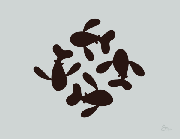 Four black fish swim in a circle. The background is grey.