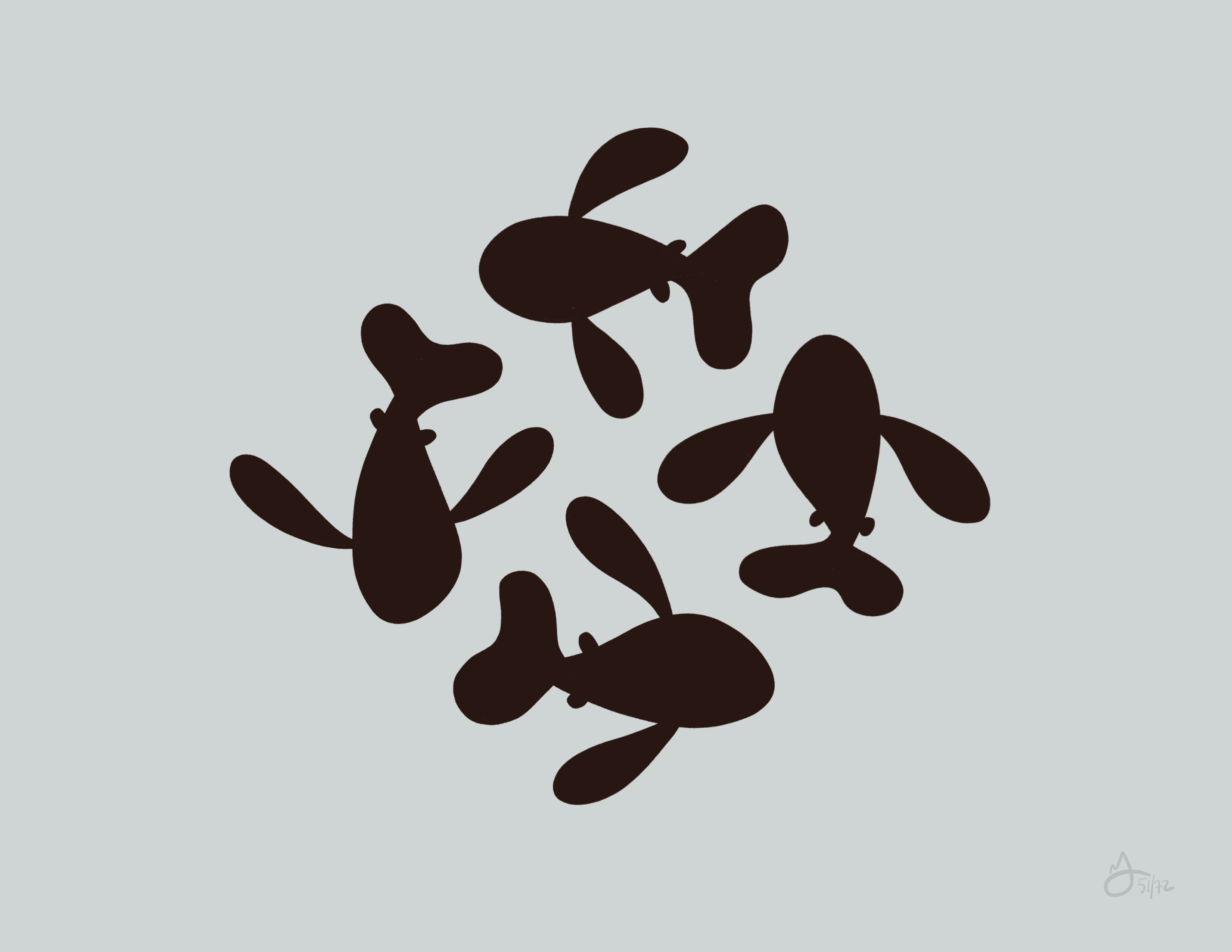 Four black fish swim in a circle. The background is grey.