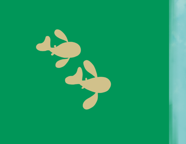 Two orange fish swim from left to right. They are swimming towards a blue area. The background is green.