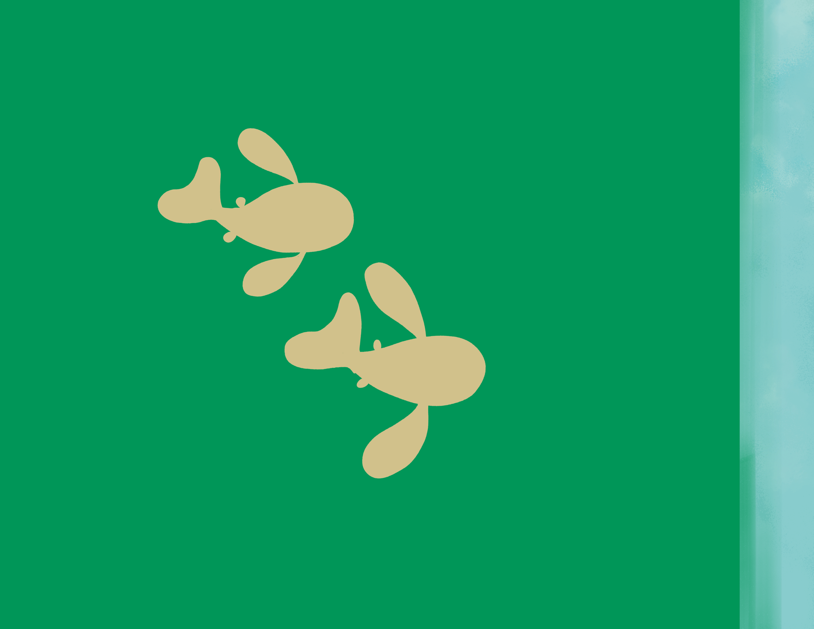 Two orange fish swim from left to right. They are swimming towards a blue area. The background is green.