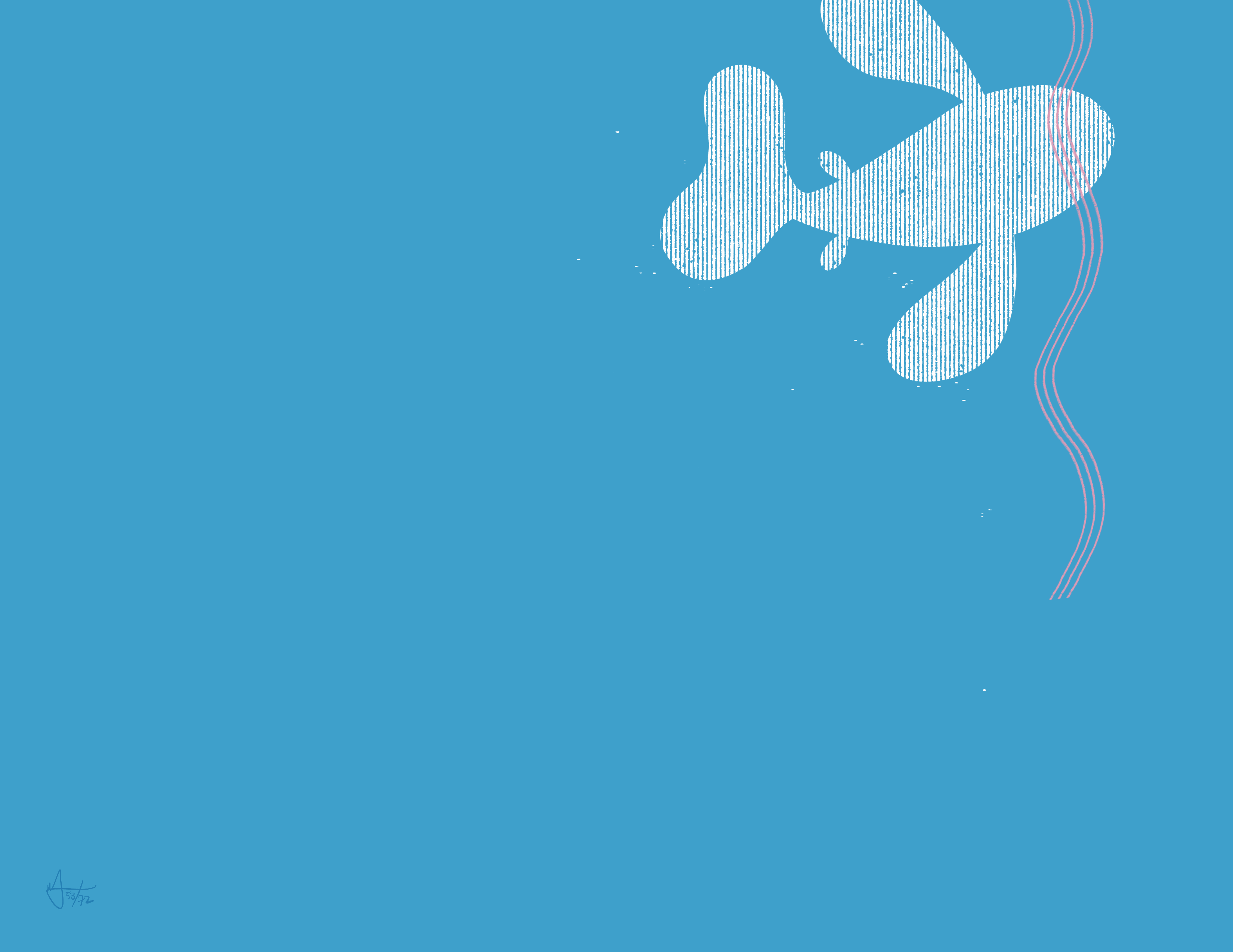 A fish made up of white vertical lines swims in the top right. Curvy pink lines go over its head.