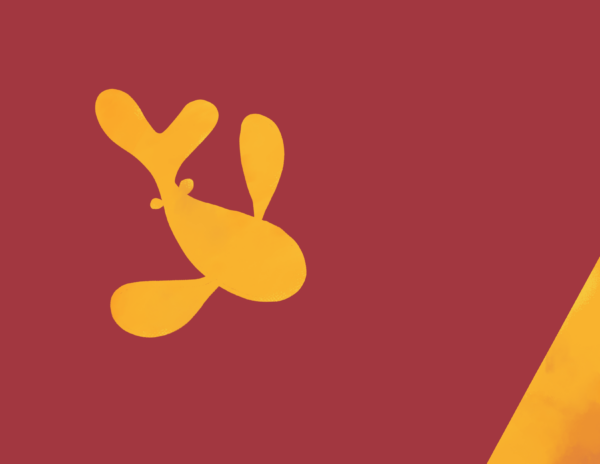 A yellow orange fish looks at the bottom right corner. The corner is orange. The background is red.
