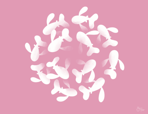 Two circles of off white fish swim around the center of pink background.