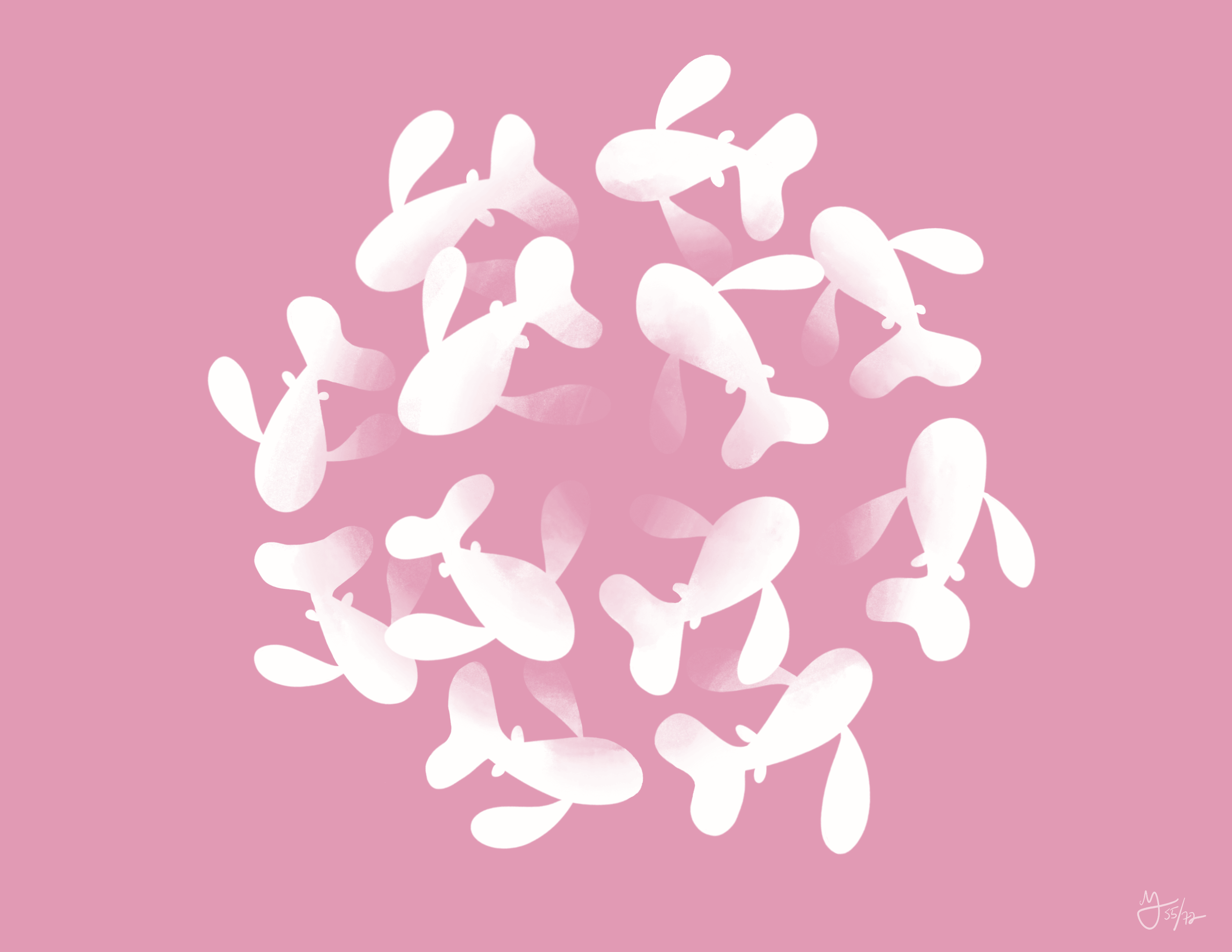Two circles of off white fish swim around the center of pink background.