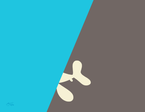 A yellow fish swims into a blue area of color. The left side is brown.