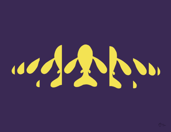 A yellow fish is in the center of a purple background. To the left and right of the fish are segments of it that are reduced by half each time.