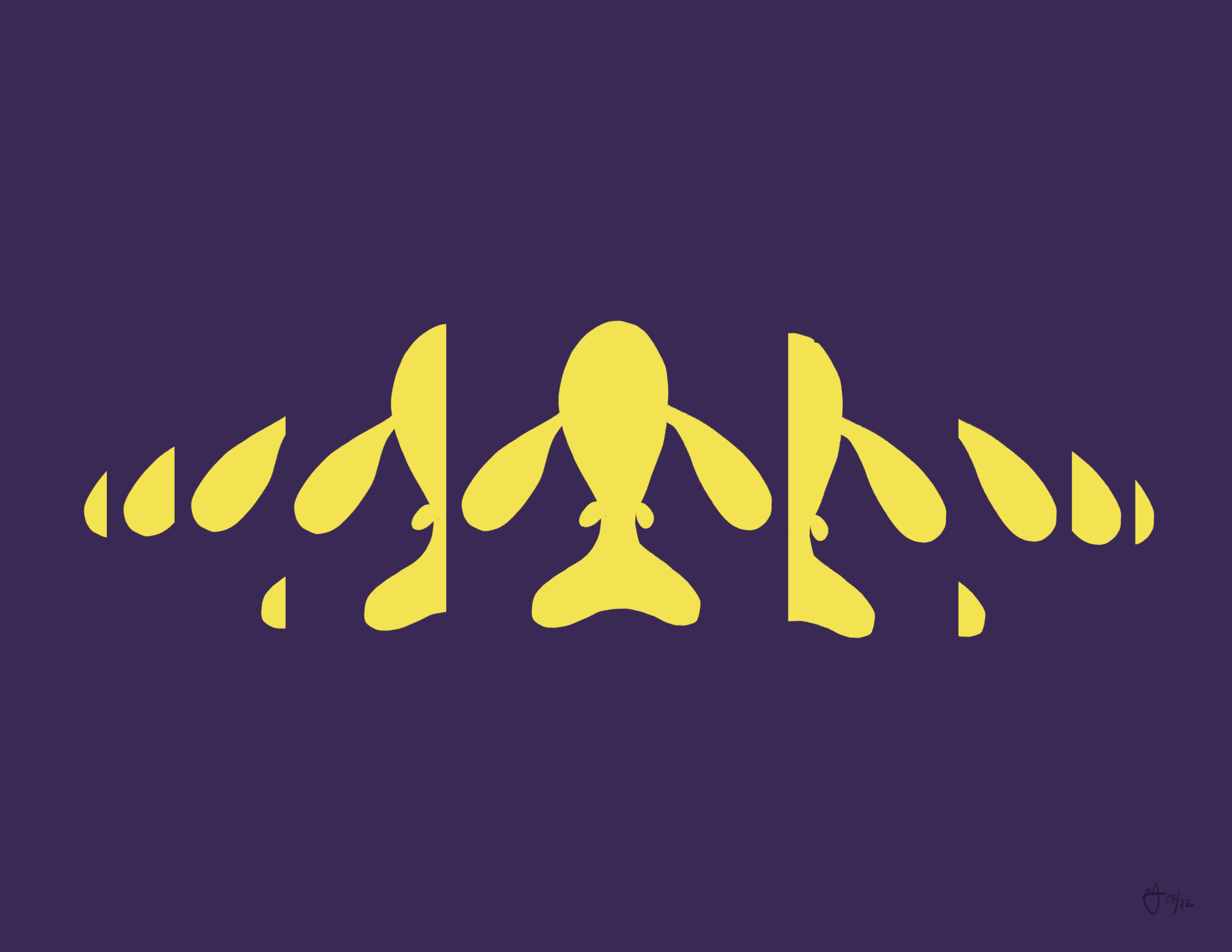 A yellow fish is in the center of a purple background. To the left and right of the fish are segments of it that are reduced by half each time.