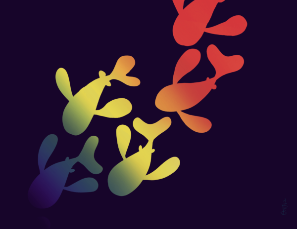 Fish swim from the top right to the bottom left. They are a rainbow gradient. The background is deep purple.