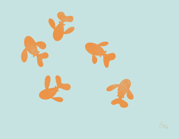 Five orange fish swim in an oval on a light blue background.