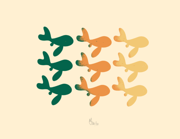 9 fish swim in 3 rows of 3. The are colored in a gradient from deep green to orange to yellow.