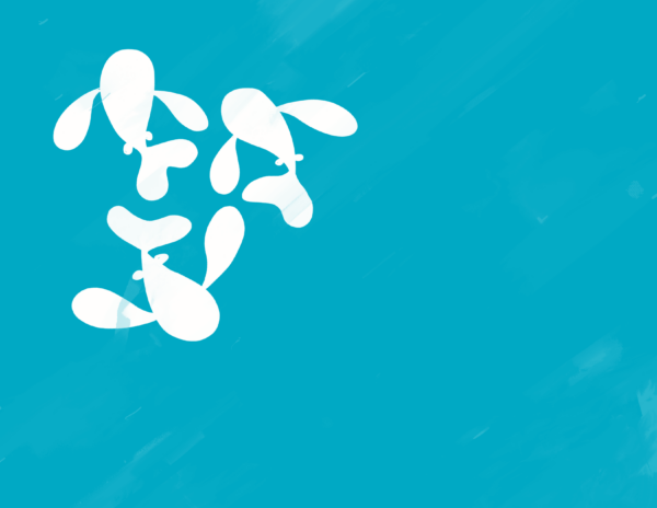 Three white fish swim in a triangle. Light blue streaks go over them. The background is bright blue.