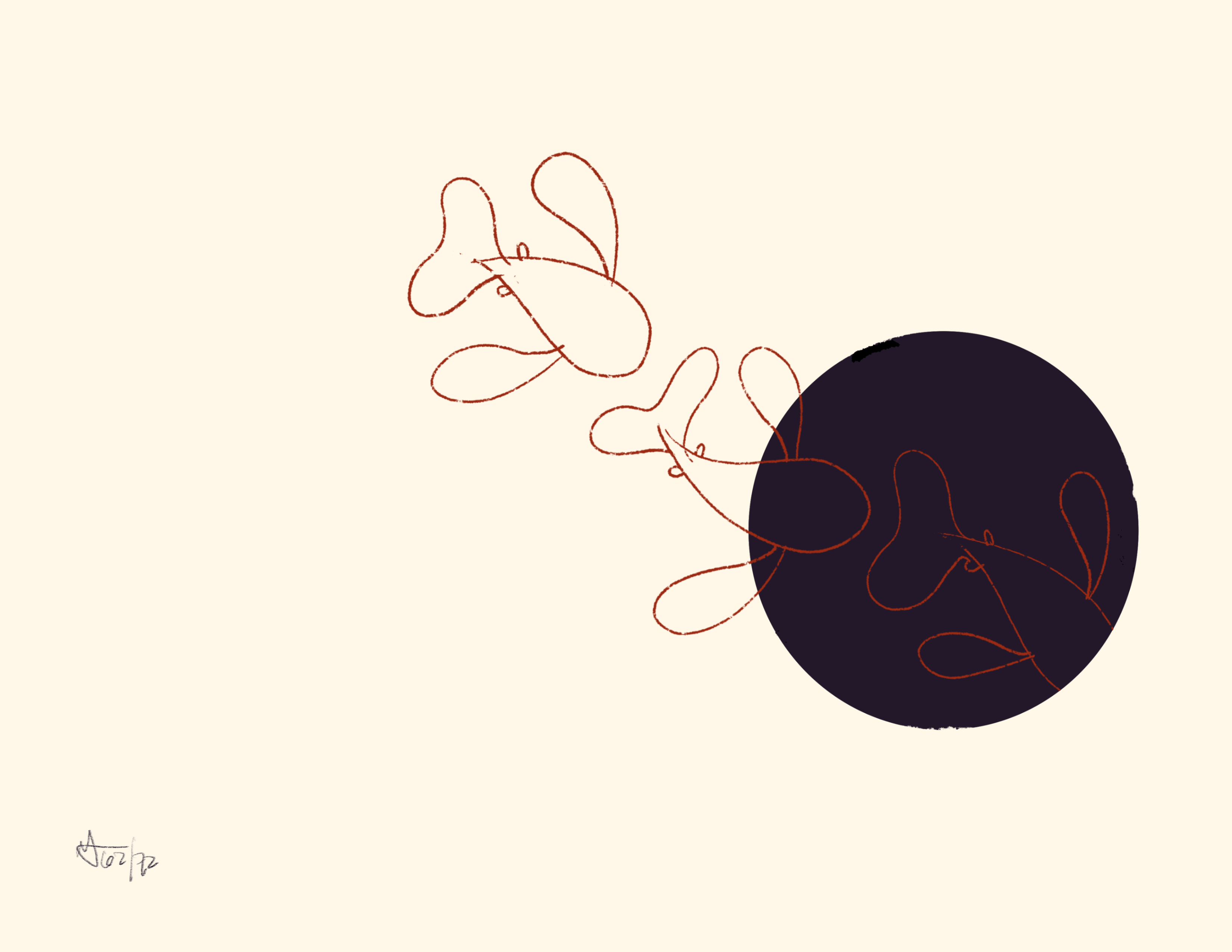 The outlines of three fish swim in to a black hole.