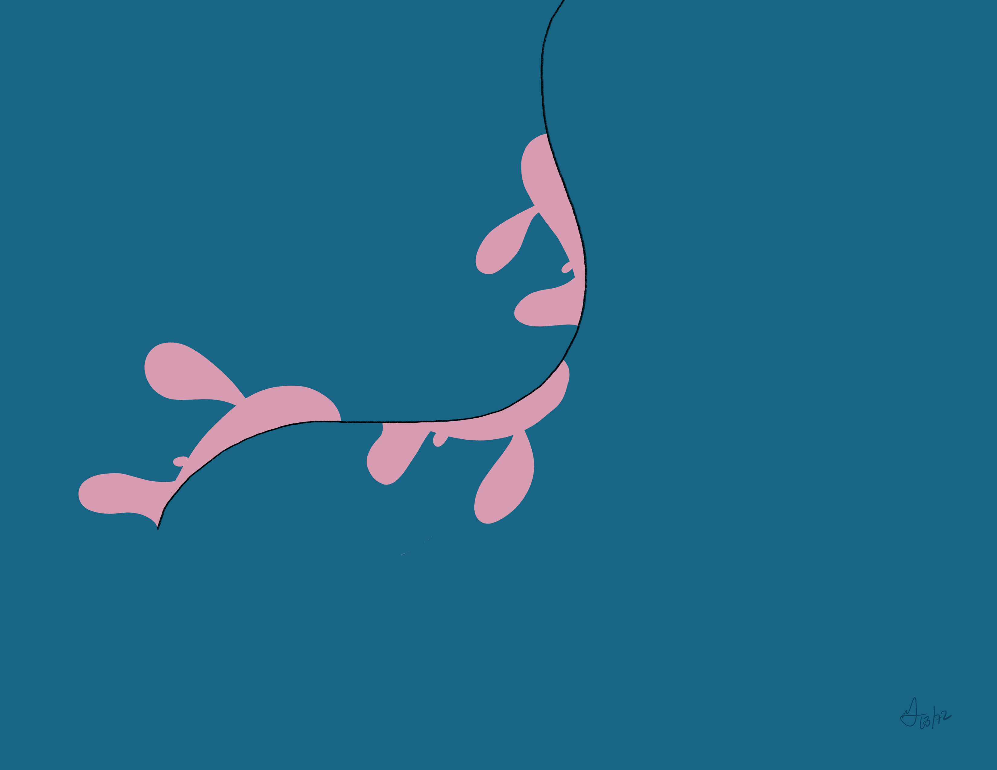 Three pink fish swim along a black line. Only half of their bodies are visible. The background is blue.