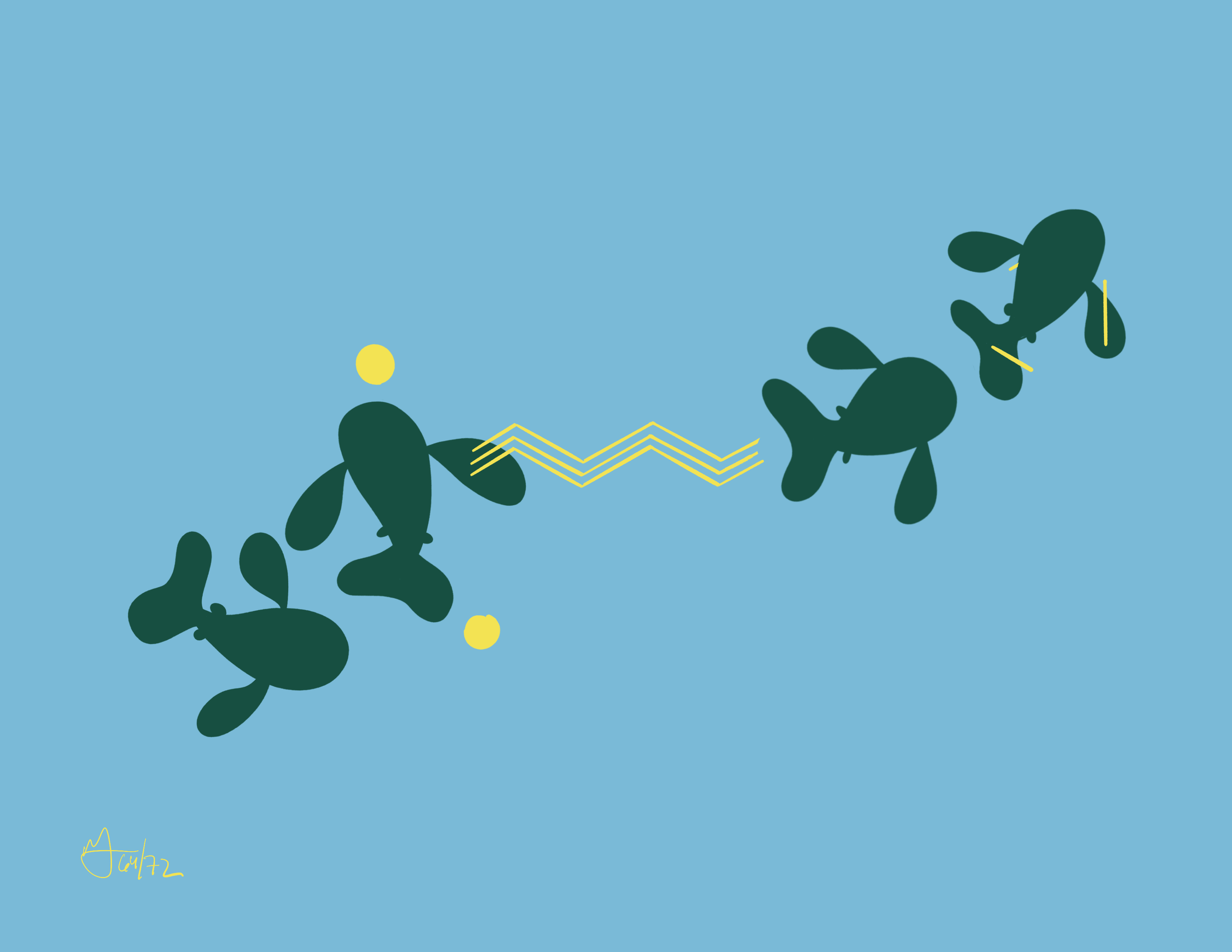 Four green fish swim from bottom left to top right. Lines of yellow and dots of yellow are around them.