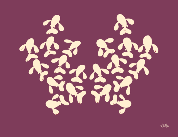 Yellow fish swim out in to arcs, like antlers. The background of the image is maroon.