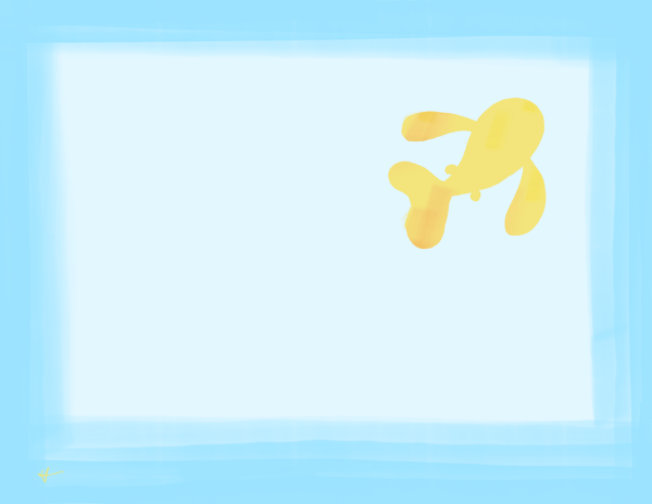 A yellow and orange fish is in the top right corner of a white rectangle. The edges of the rectangle a fading from white to blue.