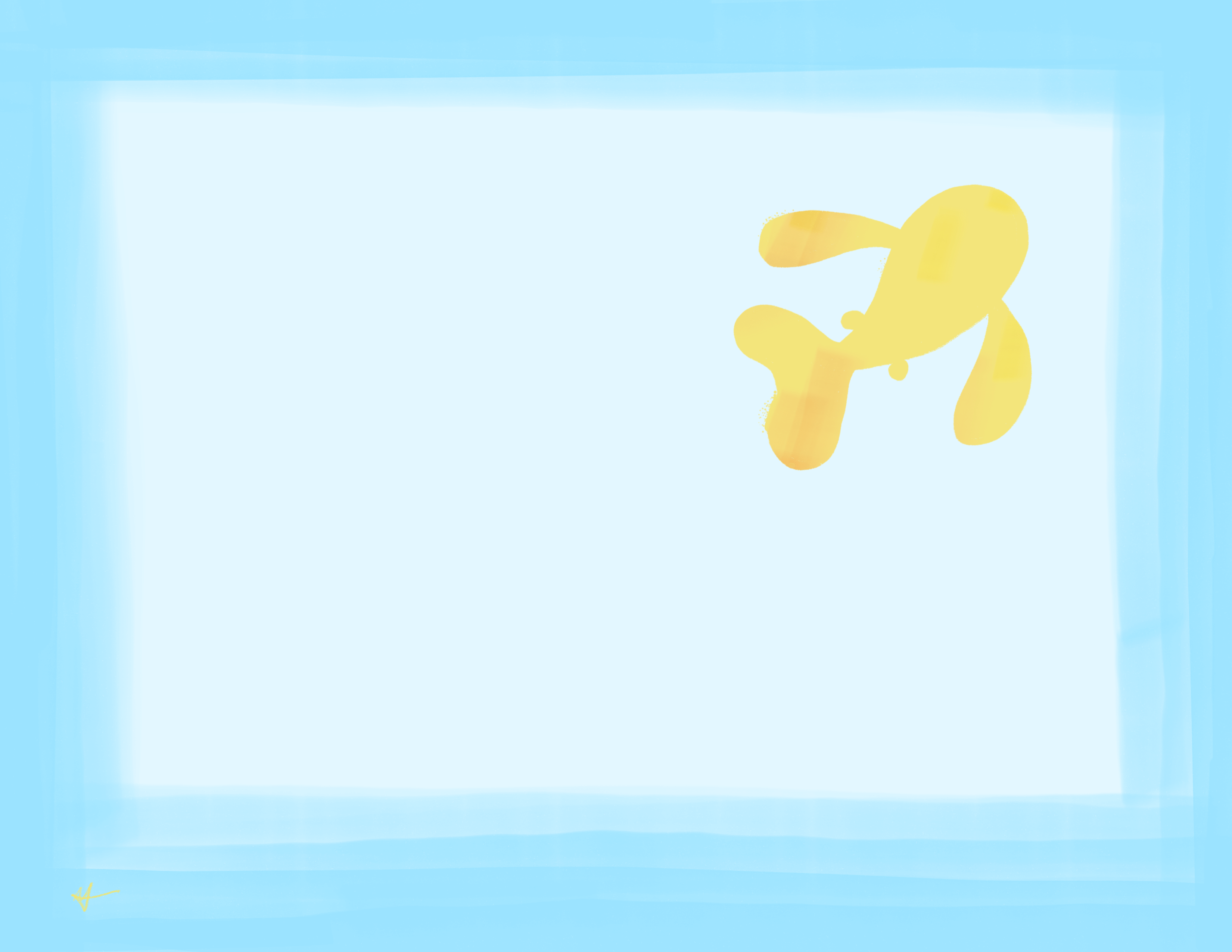 A yellow and orange fish is in the top right corner of a white rectangle. The edges of the rectangle a fading from white to blue.