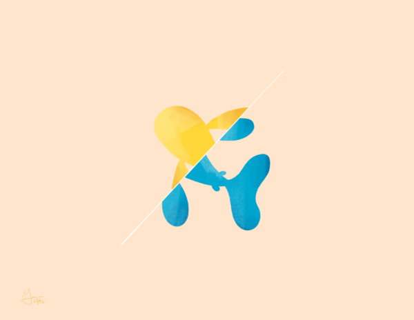 A fish is in the middle of a field of warm beige. The fish is half blue and half yellow. It is divided by a white line.