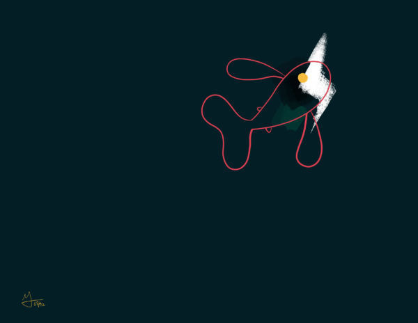 A red outline of a fish is in the top right. It has a yellow eye with a white lightening bolt behind it. The background is deep green-blue.