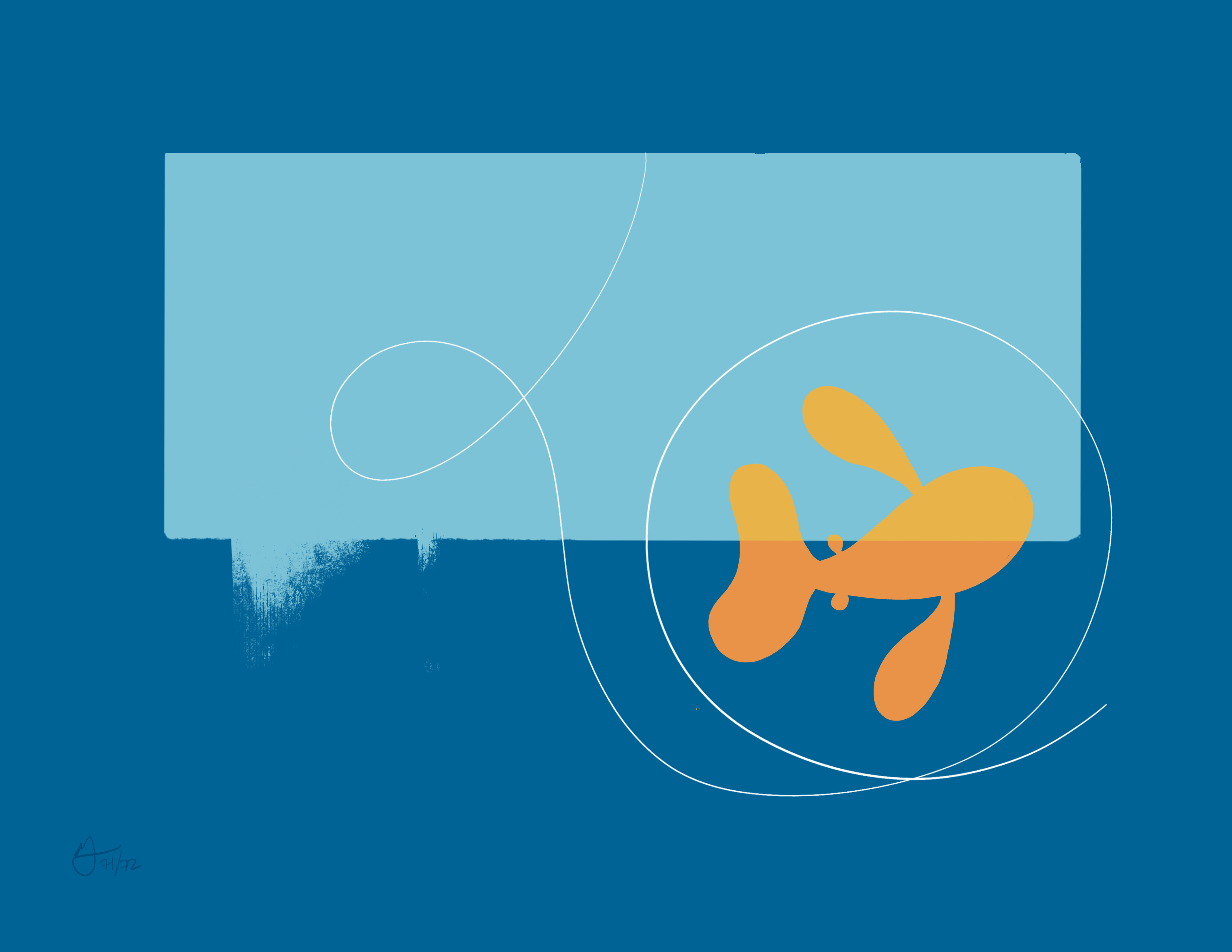 An orange fish swims in front of a blue block. A white line twirls around the orange fish.