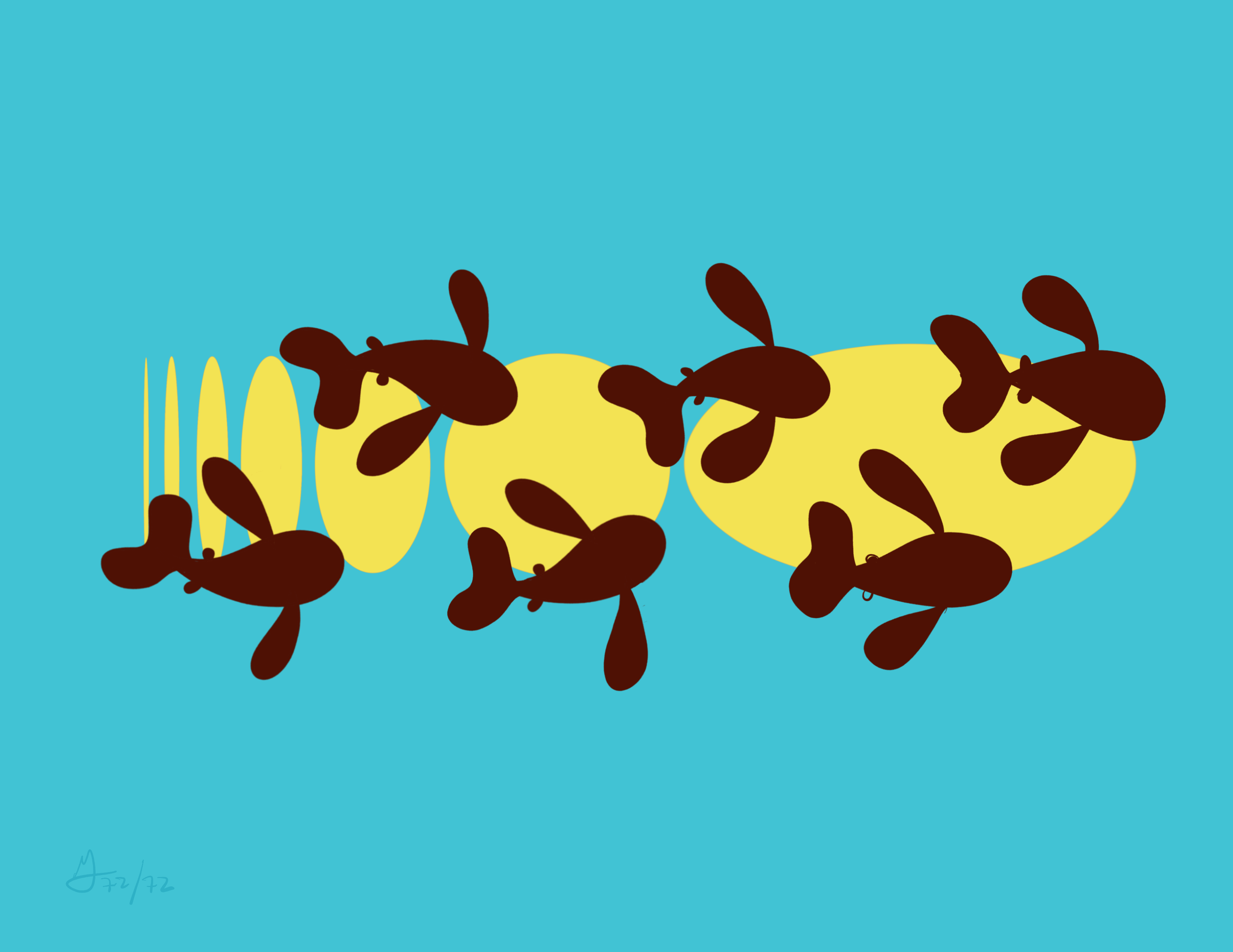Six deep purple fish swim from left to right in two rows of three. Behind them are yellow ovals going from narrow to wide.