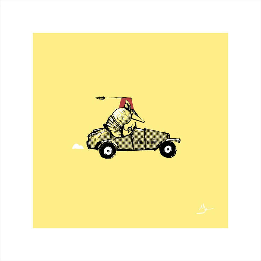 An armadillo driving a tiny car. The armadillo is wearing a fez.