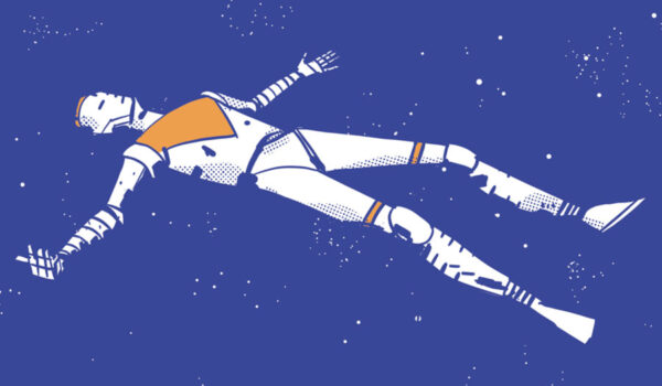 A robot floats in space. It looks like a swimmer floating on their back in the water.