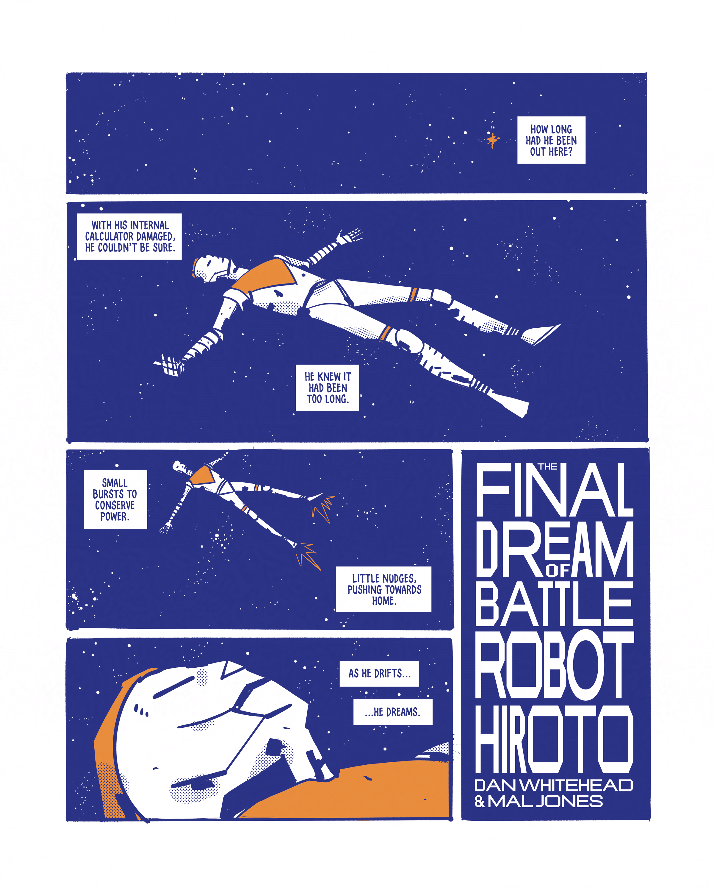 Orange, blue, and white page of comic book art showing a robot floating in space.