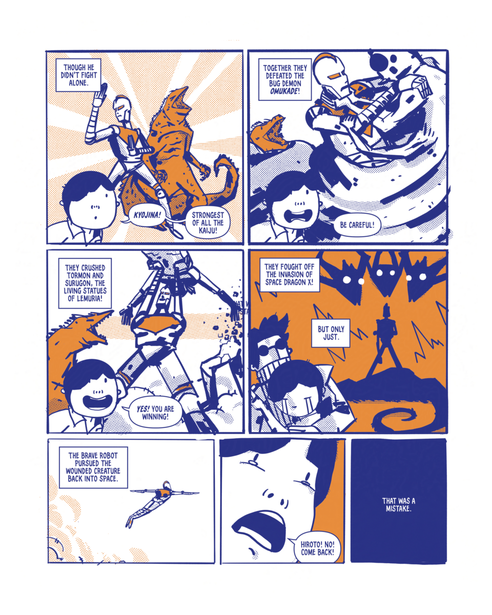 Page 3 of The Final Dream of Battle Robot Hiroto showing Robot Hiroto and Kyojina fighting other kaijus and then flying into space.