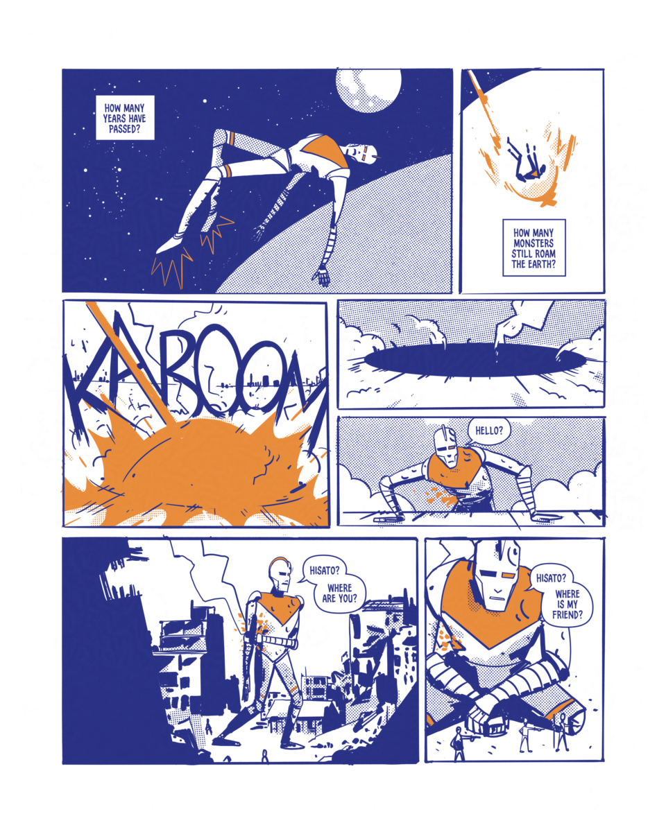 Page 4 of The Final Dream of Battle Robot Hiroto showing Robot Hiroto crash back into Earth. He wanders into a ruined city, asking for Hisato.