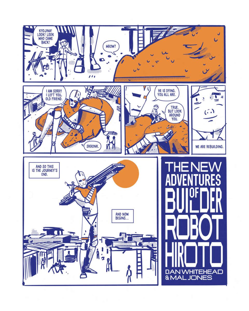 Page 6 of The Final Dream of Battle Robot Hiroto showing Robot Hiroto find Kyojina and then he helps his friend rebuild the city.
