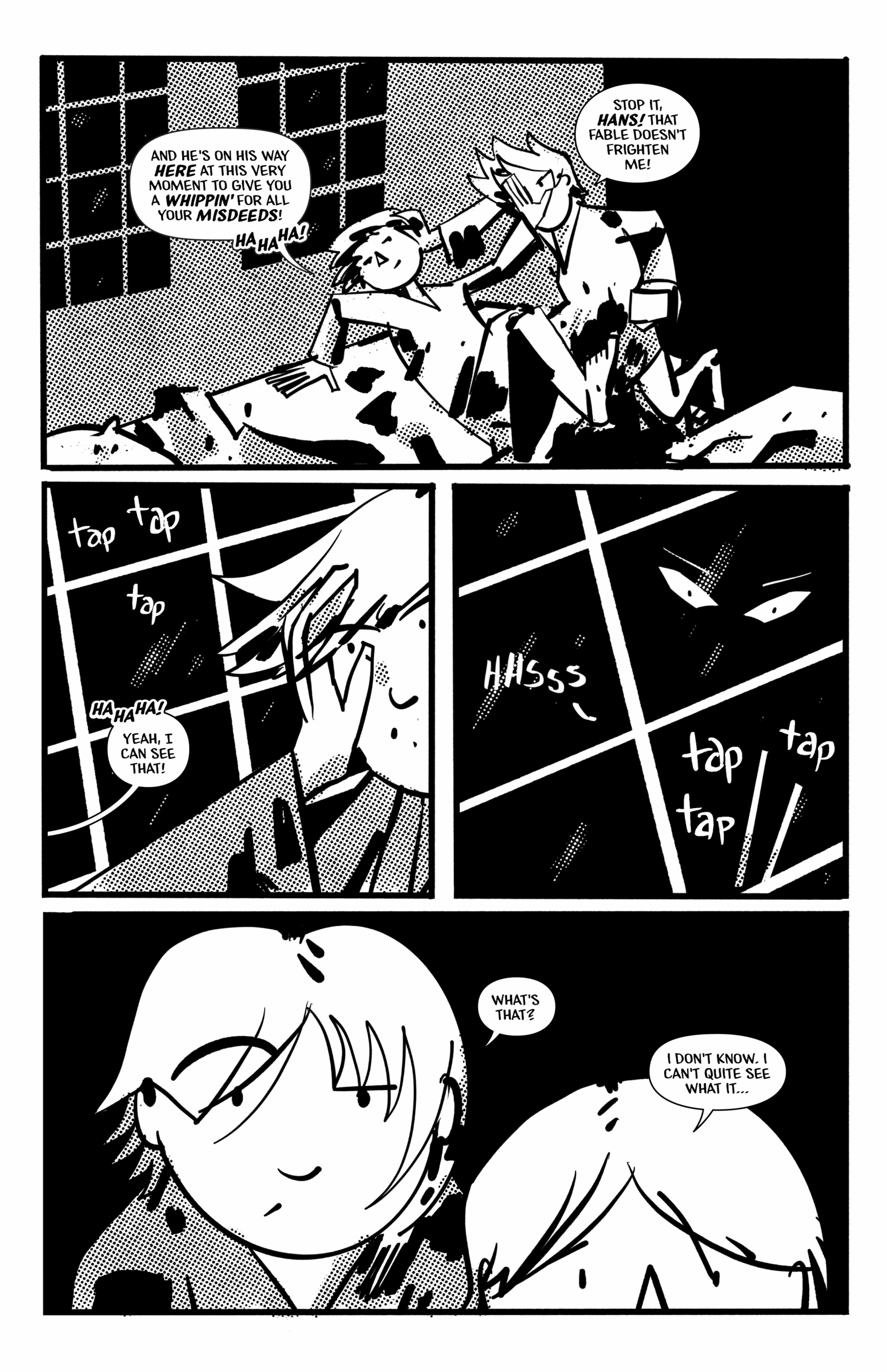 Page 2 of Night of the Krampus showing two brothers fighting as something taps on a window behind them.