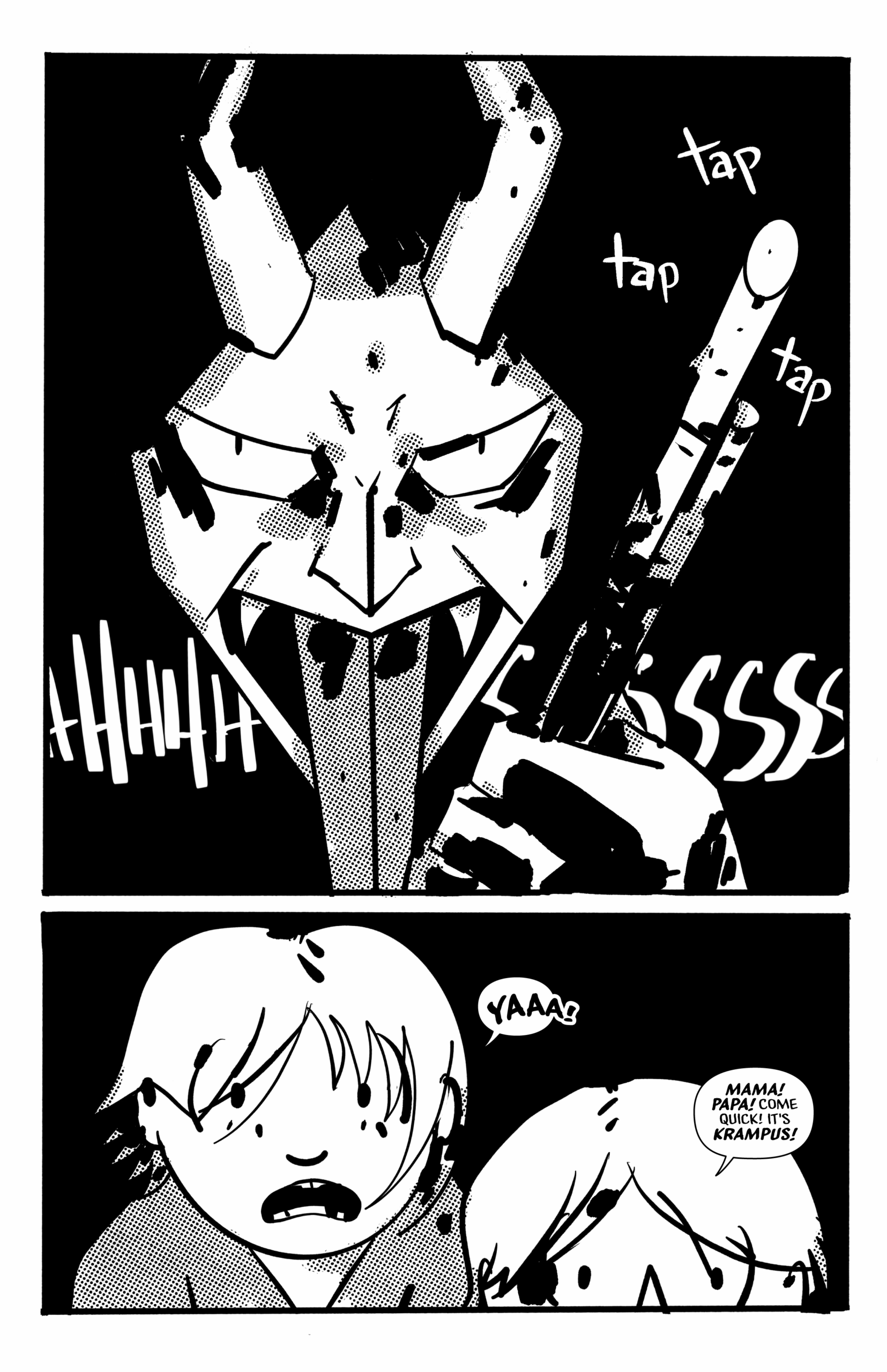 Page 3 of Night of the Krampus shows a Krampus tapping on the window while the brothers are scared.