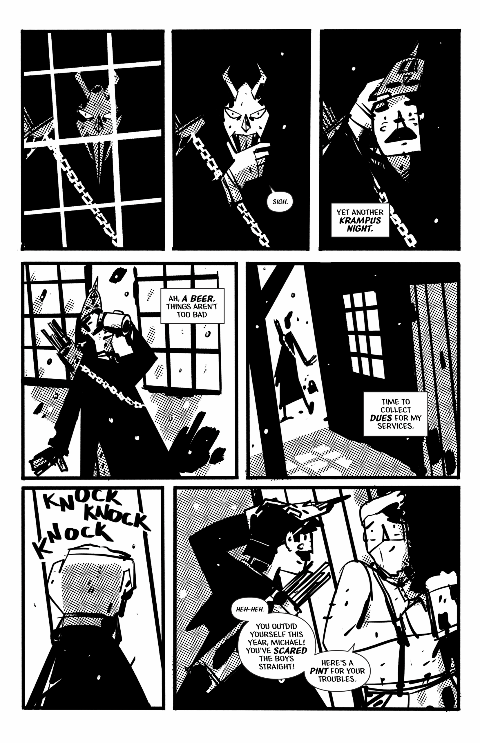 Page 4 of Night of the Krampus reveals that the Krampus is just a man in a mask. He gets beer to play pranks on children.